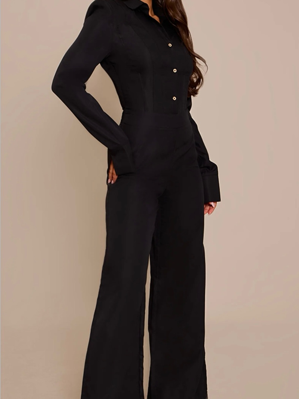 PrettyLittleThing Black Wide-Leg Button-Up Jumpsuit - Picture 2 of 6